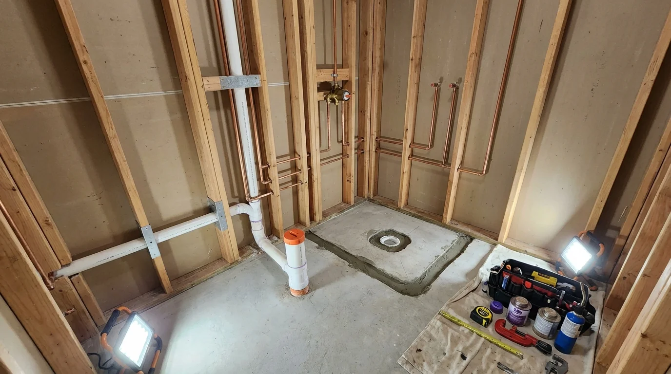 Bathroom rough-in plumbing during remodel by Johns Plumbing LLC in Fort Leonard Wood
