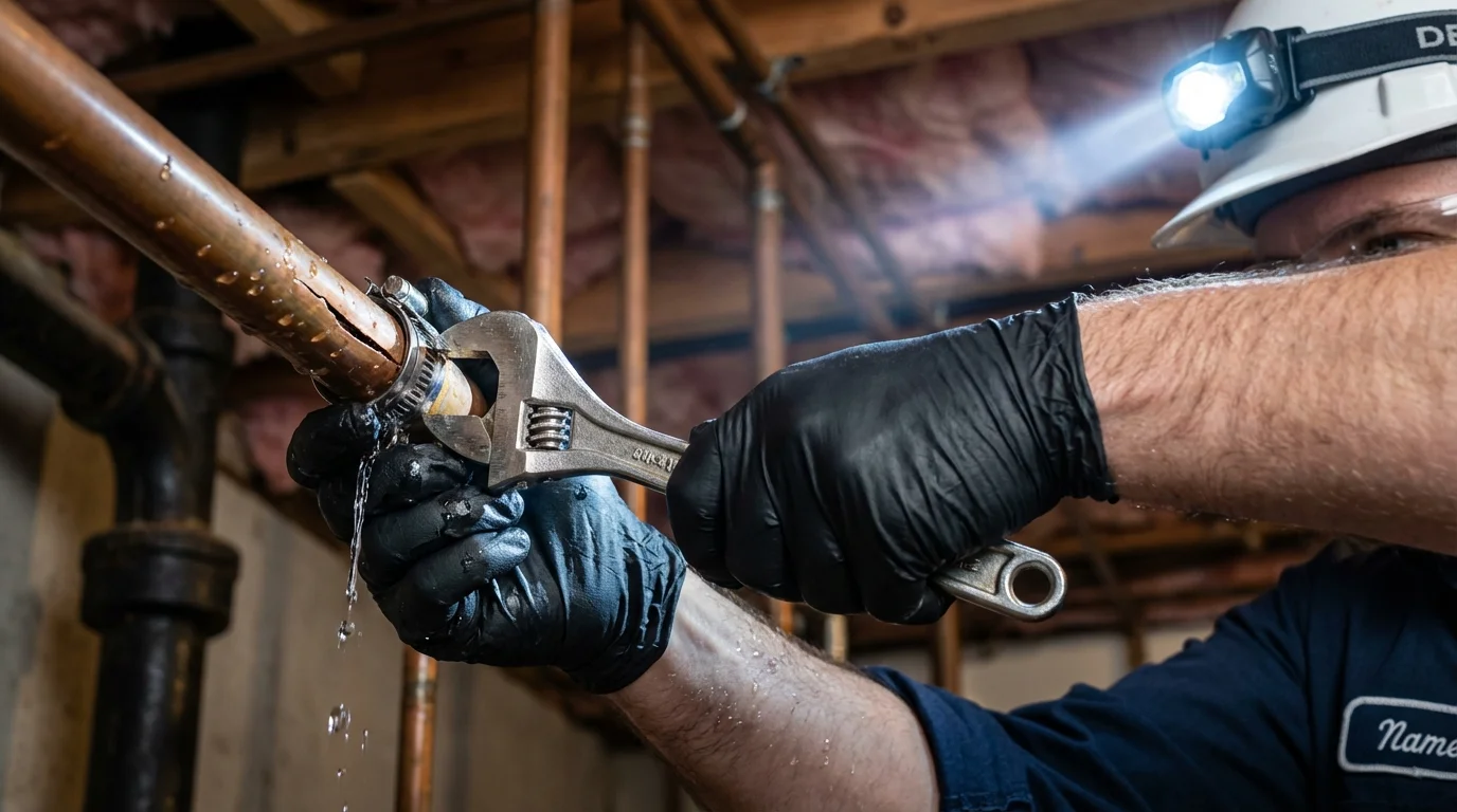 Emergency pipe clamp repair being performed by a Johns Plumbing LLC plumber in Fort Leonard Wood