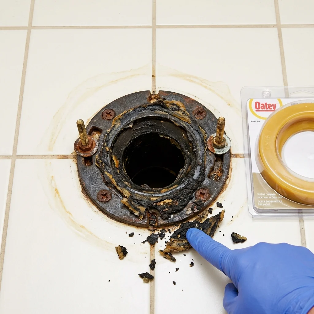 Failed wax ring showing water seepage at the base of a toilet in a Fort Leonard Wood, MO home