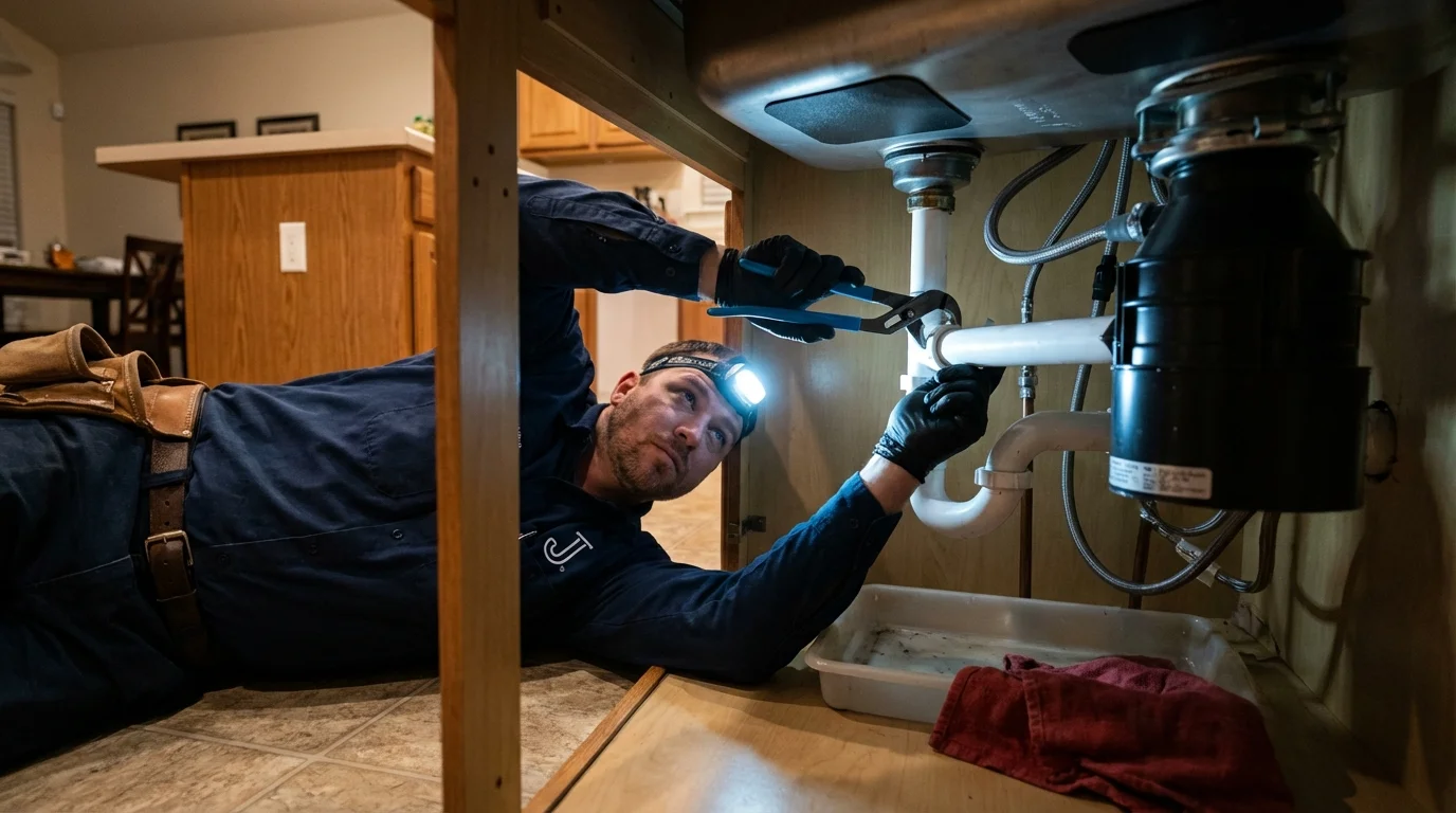 P-trap and supply line connections under a kitchen sink showing a common leak point in Fort Leonard Wood, MO